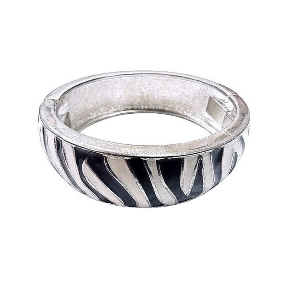 Black White Zebra Print Hinged Bangle Bracelet‎ Bold Statement Jewelry